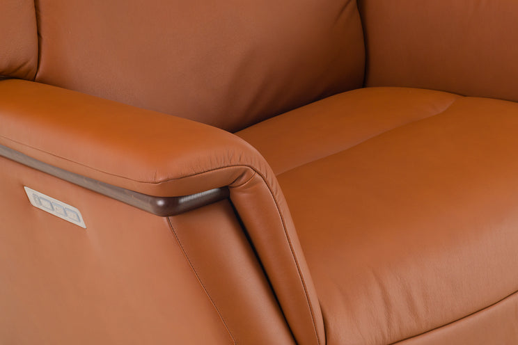 Close-up of a brown leather recliner chair with a visible brand label.